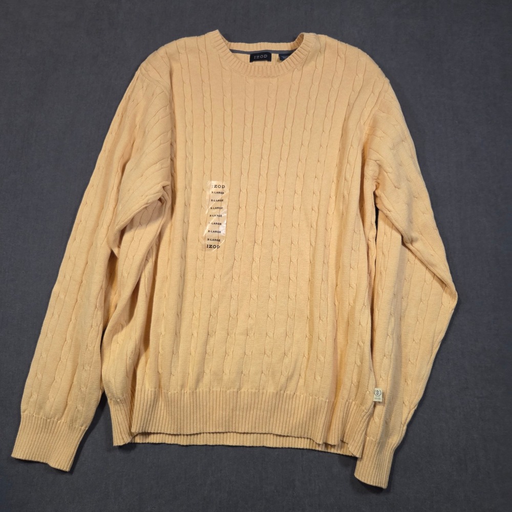 IZOD Cable Knit Sweater Mens XL Yellow Cotton Crew Neck Pullover